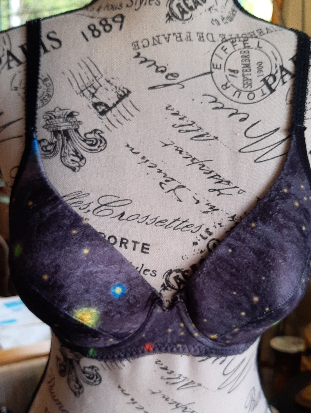 Galaxy Print Underwire Bra — Grey, Yellow, Green Starfield Design Size 34C